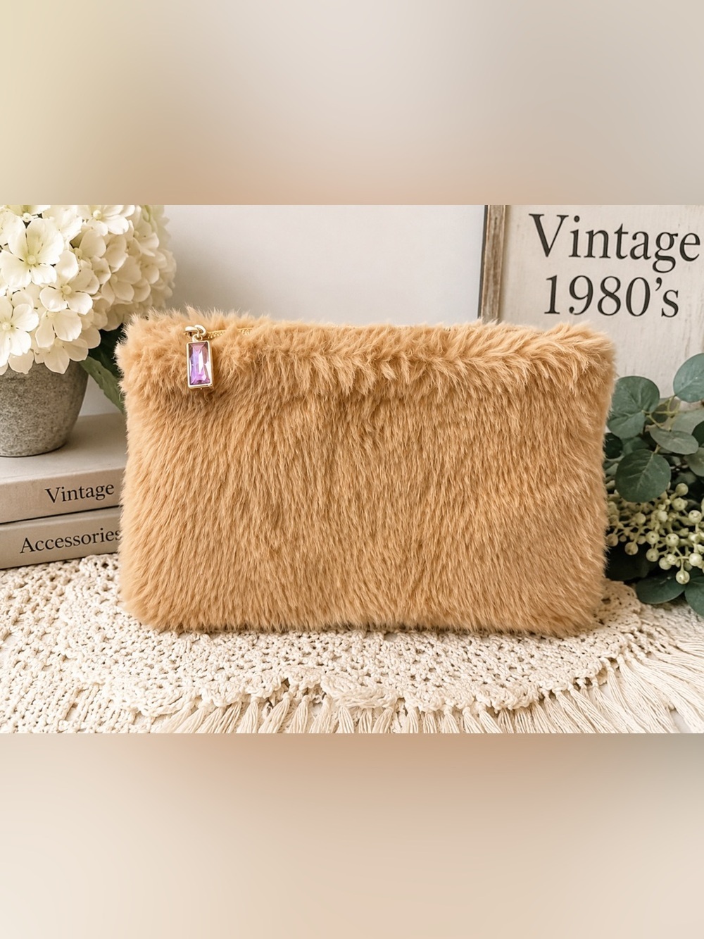 Vintage 1980’s Faux Fur Clutch Cosmetic Bag Tan Plush Zipper Pouch Glam